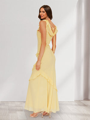 Sheath/Column Cowl Neck Sleeveless Ruffle Maxi Dresses Long Bridesmaid Dresses
