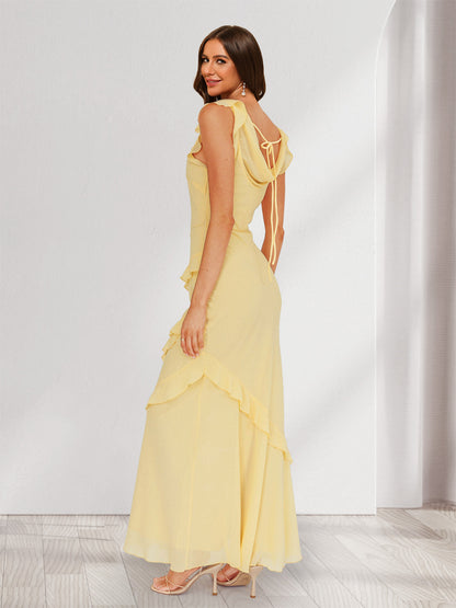 Sheath/Column Cowl Neck Sleeveless Ruffle Maxi Dresses Long Bridesmaid Dresses