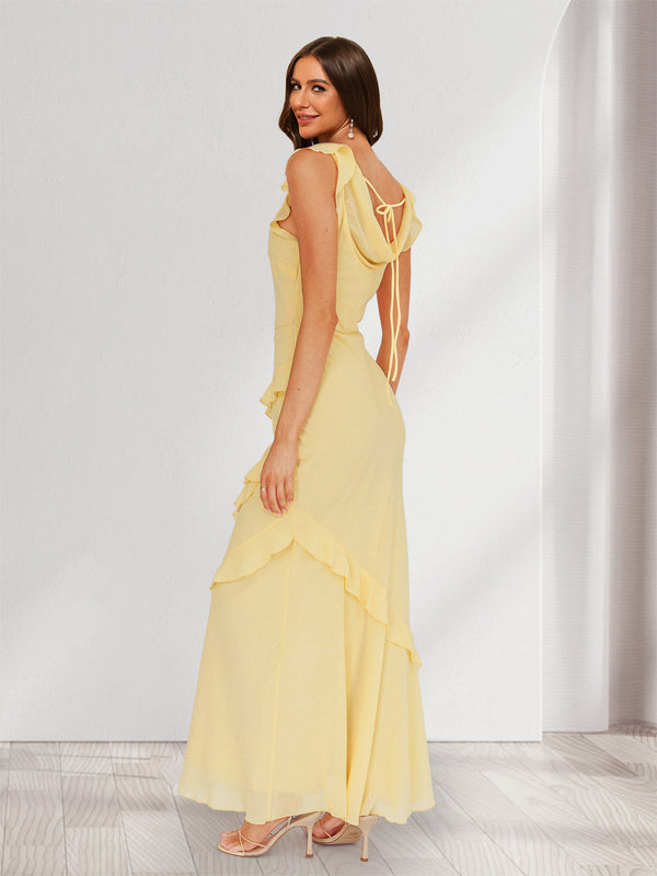 Sheath/Column Cowl Neck Sleeveless Ruffle Maxi Dresses Long Bridesmaid Dresses