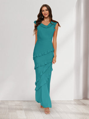 Sheath/Column Cowl Neck Sleeveless Ruffle Maxi Dresses Long Bridesmaid Dresses
