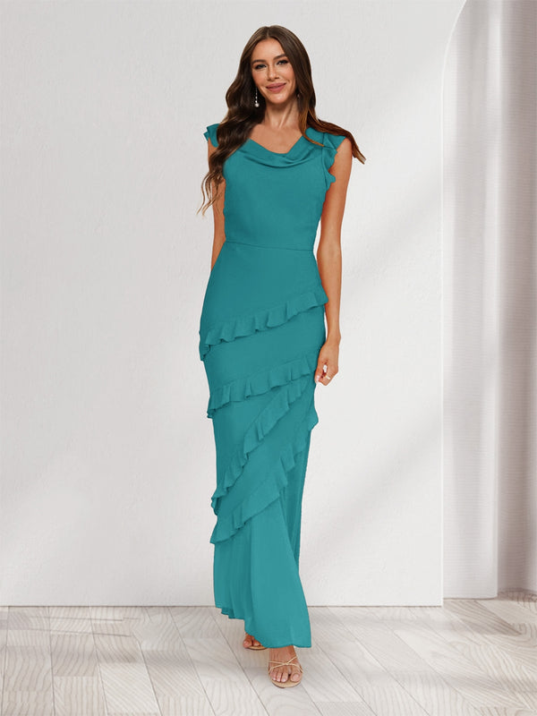 Sheath/Column Cowl Neck Sleeveless Ruffle Maxi Dresses Long Bridesmaid Dresses
