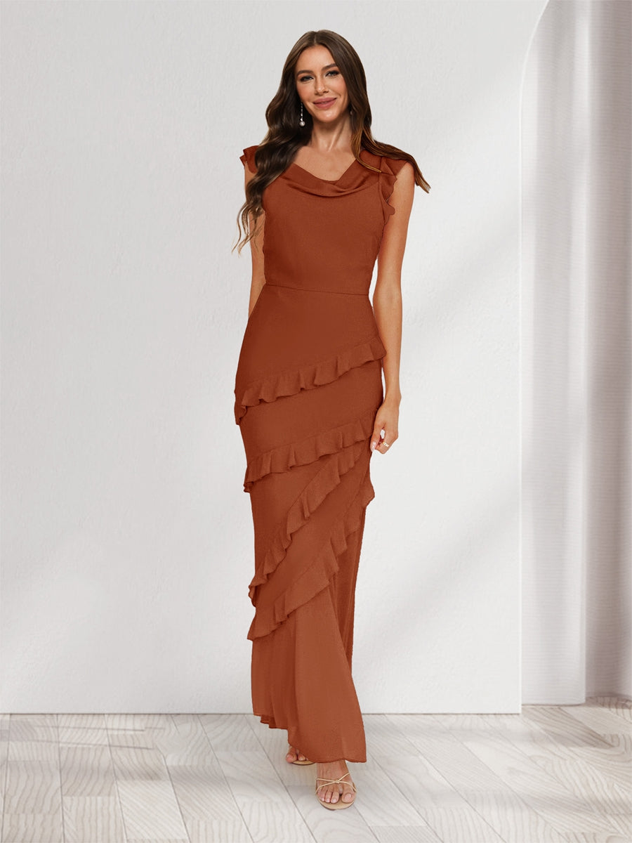 Sheath/Column Cowl Neck Sleeveless Ruffle Maxi Dresses Long Bridesmaid Dresses