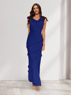 Sheath/Column Cowl Neck Sleeveless Ruffle Maxi Dresses Long Bridesmaid Dresses