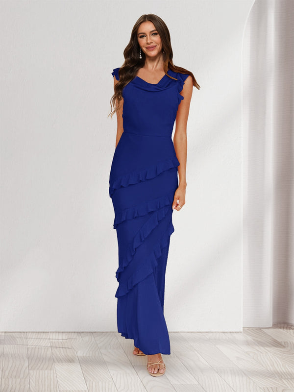 Sheath/Column Cowl Neck Sleeveless Ruffle Maxi Dresses Long Bridesmaid Dresses