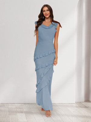 Sheath/Column Cowl Neck Sleeveless Ruffle Maxi Dresses Long Bridesmaid Dresses