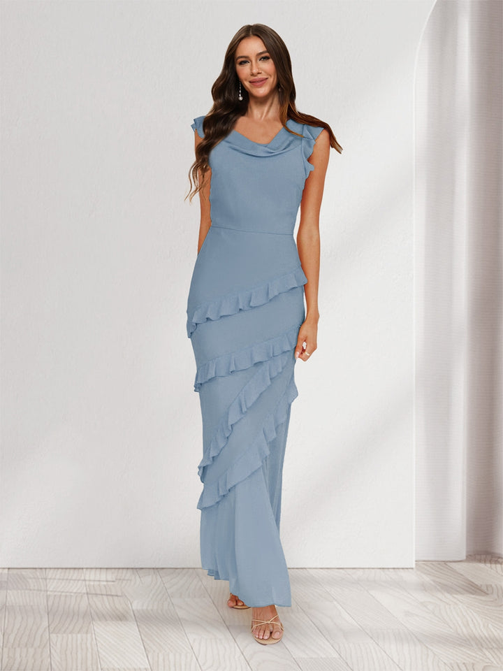 Sheath/Column Cowl Neck Sleeveless Ruffle Maxi Dresses Long Bridesmaid Dresses