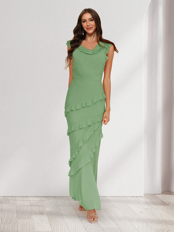 Sheath/Column Cowl Neck Sleeveless Ruffle Maxi Dresses Long Bridesmaid Dresses