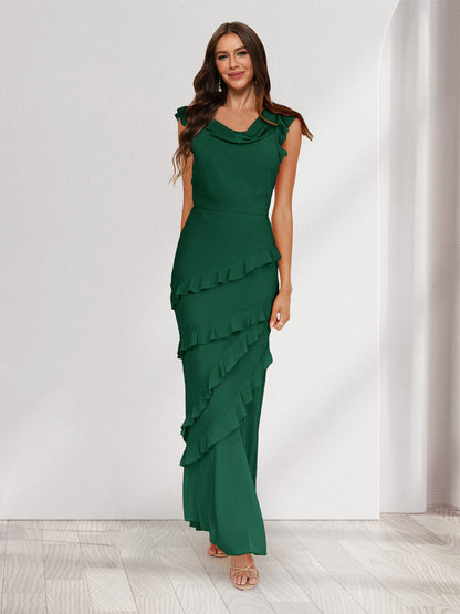 Sheath/Column Cowl Neck Sleeveless Ruffle Maxi Dresses Long Bridesmaid Dresses