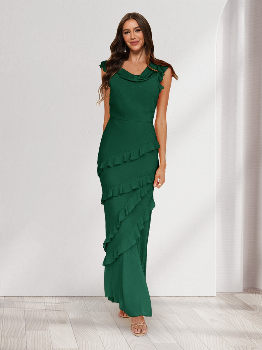 Sheath/Column Cowl Neck Sleeveless Ruffle Maxi Dresses Long Bridesmaid Dresses