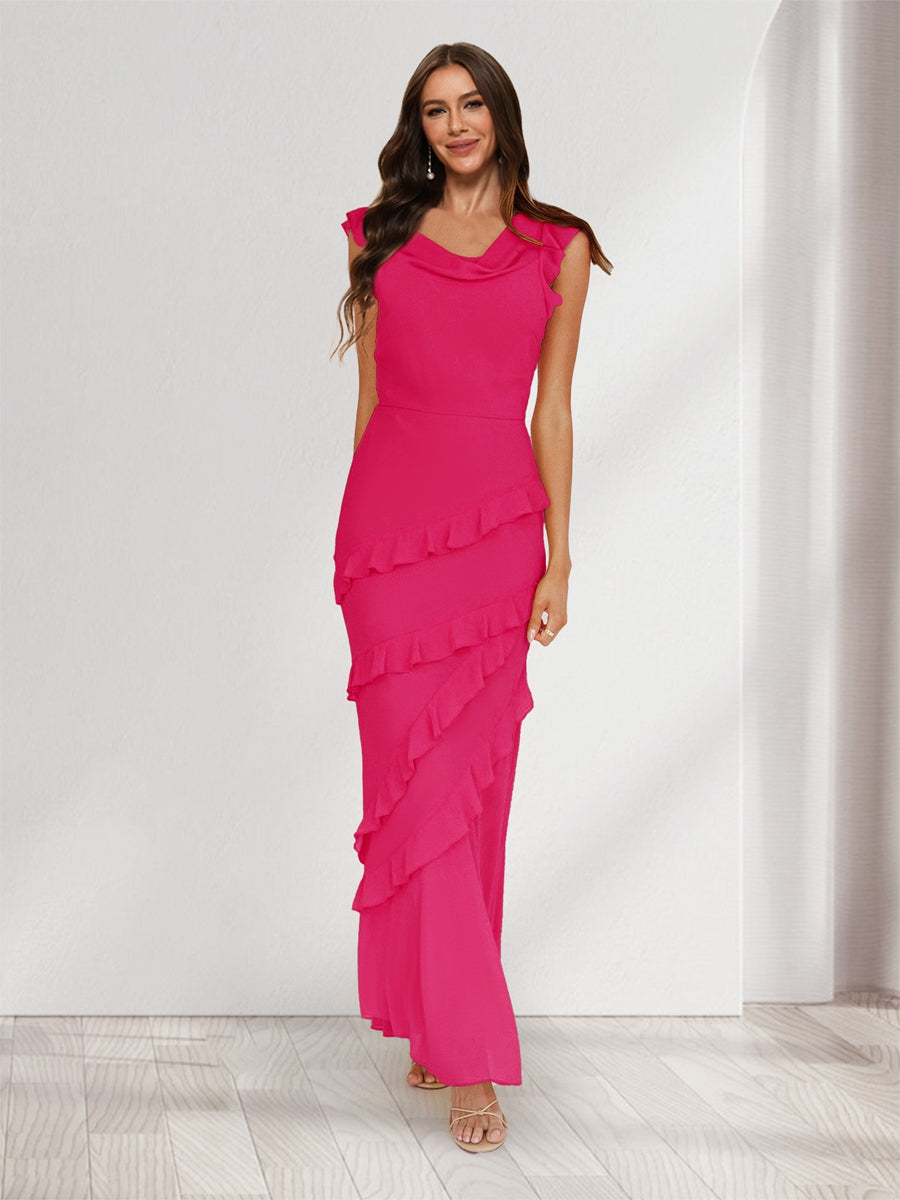 Sheath/Column Cowl Neck Sleeveless Ruffle Maxi Dresses Long Bridesmaid Dresses