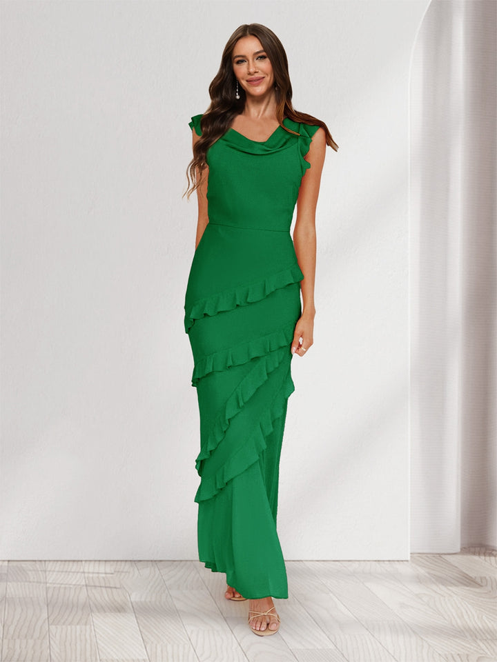 Sheath/Column Cowl Neck Sleeveless Ruffle Maxi Dresses Long Bridesmaid Dresses