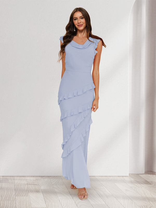 Sheath/Column Cowl Neck Sleeveless Ruffle Maxi Dresses Long Bridesmaid Dresses