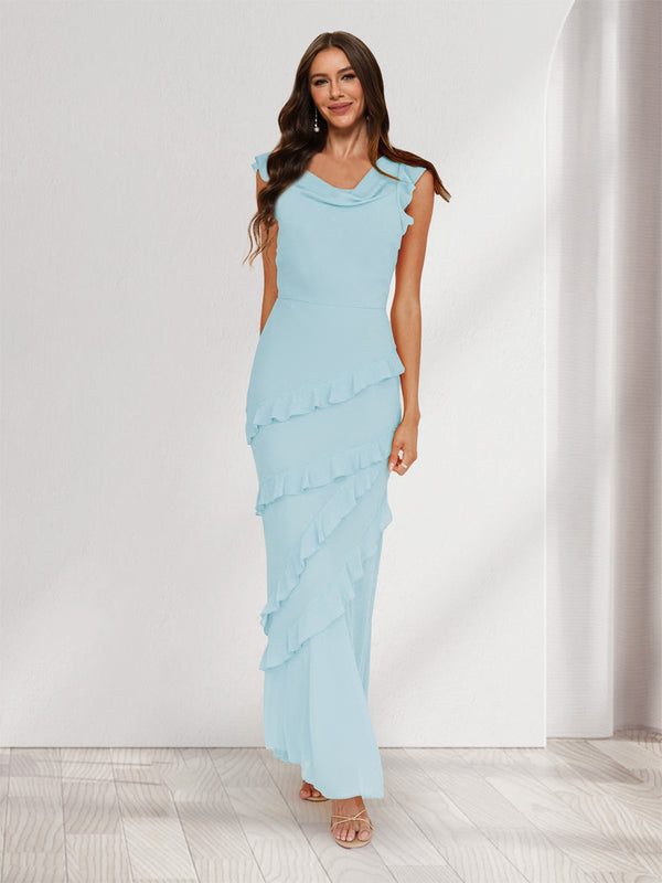 Sheath/Column Cowl Neck Sleeveless Ruffle Maxi Dresses Long Bridesmaid Dresses