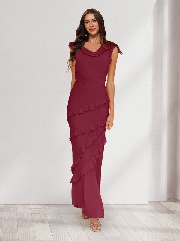 Sheath/Column Cowl Neck Sleeveless Ruffle Maxi Dresses Long Bridesmaid Dresses