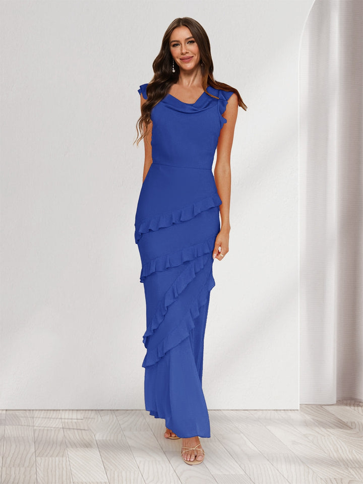 Sheath/Column Cowl Neck Sleeveless Ruffle Maxi Dresses Long Bridesmaid Dresses