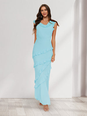 Sheath/Column Cowl Neck Sleeveless Ruffle Maxi Dresses Long Bridesmaid Dresses