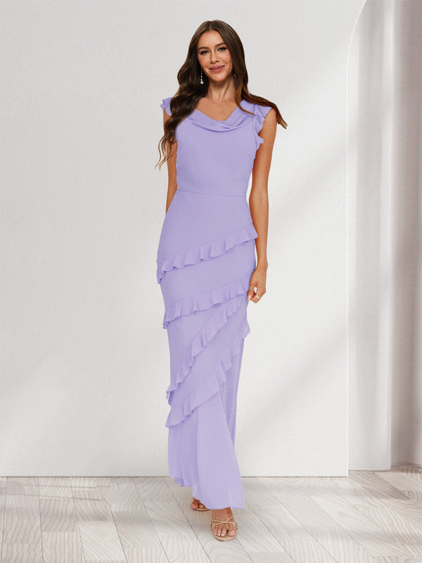 Sheath/Column Cowl Neck Sleeveless Ruffle Maxi Dresses Long Bridesmaid Dresses