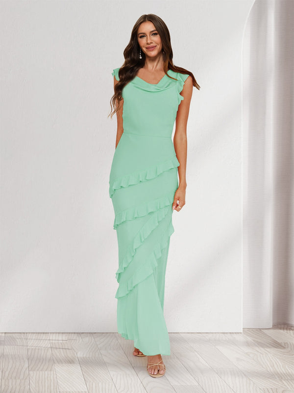 Sheath/Column Cowl Neck Sleeveless Ruffle Maxi Dresses Long Bridesmaid Dresses
