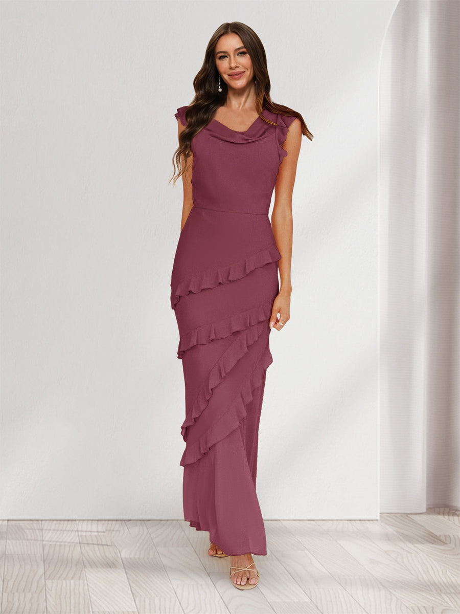 Sheath/Column Cowl Neck Sleeveless Ruffle Maxi Dresses Long Bridesmaid Dresses