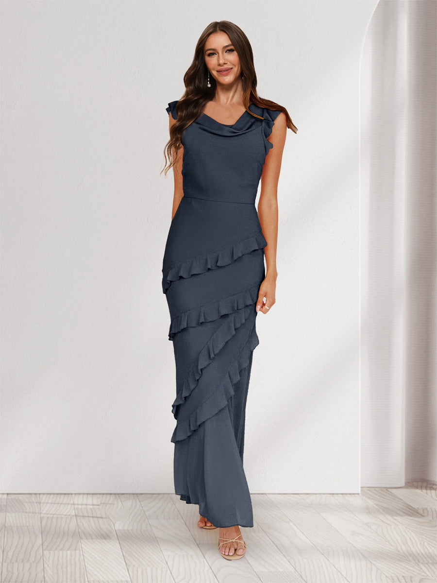 Sheath/Column Cowl Neck Sleeveless Ruffle Maxi Dresses Long Bridesmaid Dresses