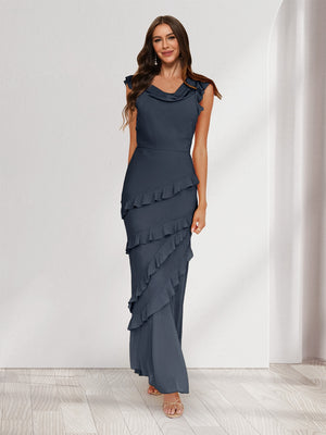 Sheath/Column Cowl Neck Sleeveless Ruffle Maxi Dresses Long Bridesmaid Dresses