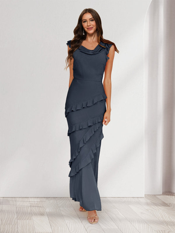 Sheath/Column Cowl Neck Sleeveless Ruffle Maxi Dresses Long Bridesmaid Dresses