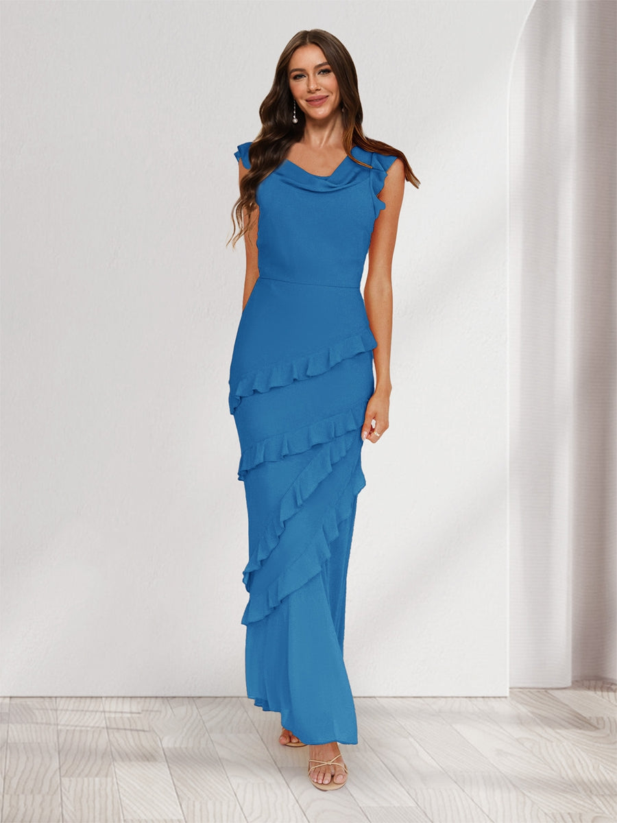 Sheath/Column Cowl Neck Sleeveless Ruffle Maxi Dresses Long Bridesmaid Dresses