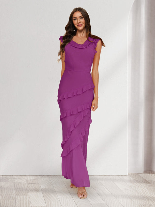 Sheath/Column Cowl Neck Sleeveless Ruffle Maxi Dresses Long Bridesmaid Dresses