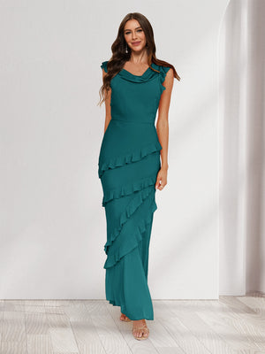 Sheath/Column Cowl Neck Sleeveless Ruffle Maxi Dresses Long Bridesmaid Dresses