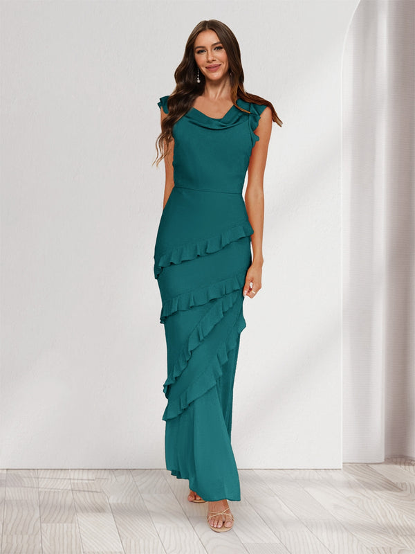 Sheath/Column Cowl Neck Sleeveless Ruffle Maxi Dresses Long Bridesmaid Dresses