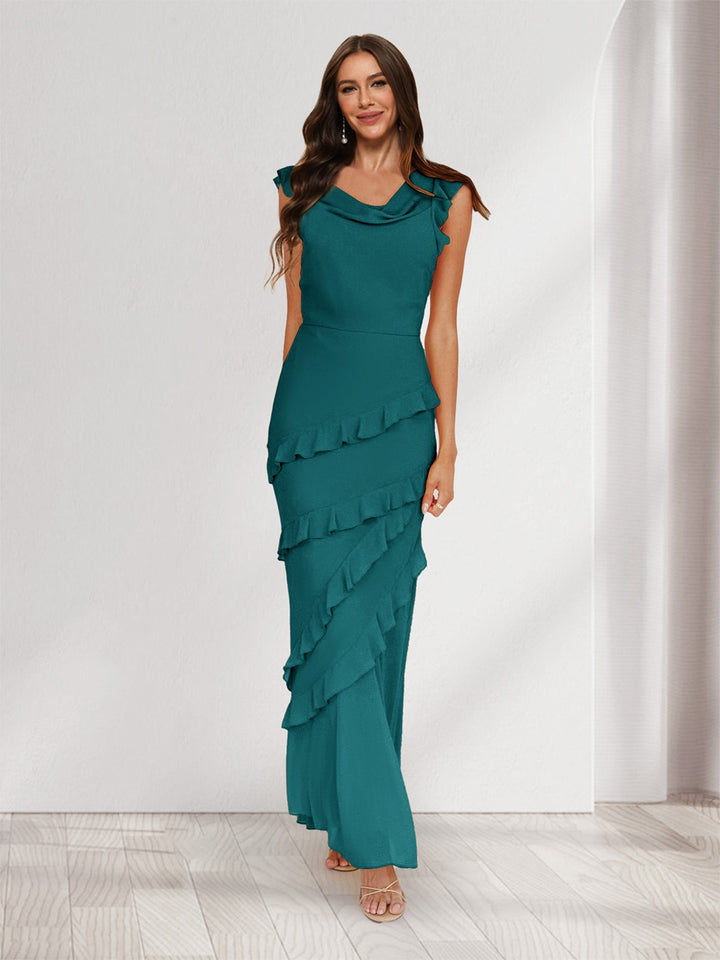 Sheath/Column Cowl Neck Sleeveless Ruffle Maxi Dresses Long Bridesmaid Dresses