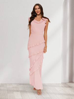 Sheath/Column Cowl Neck Sleeveless Ruffle Maxi Dresses Long Bridesmaid Dresses