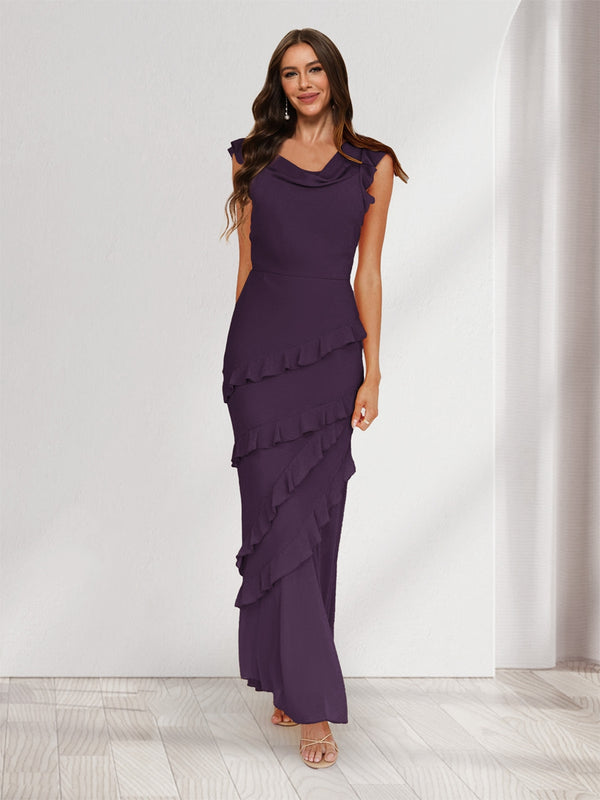 Sheath/Column Cowl Neck Sleeveless Ruffle Maxi Dresses Long Bridesmaid Dresses