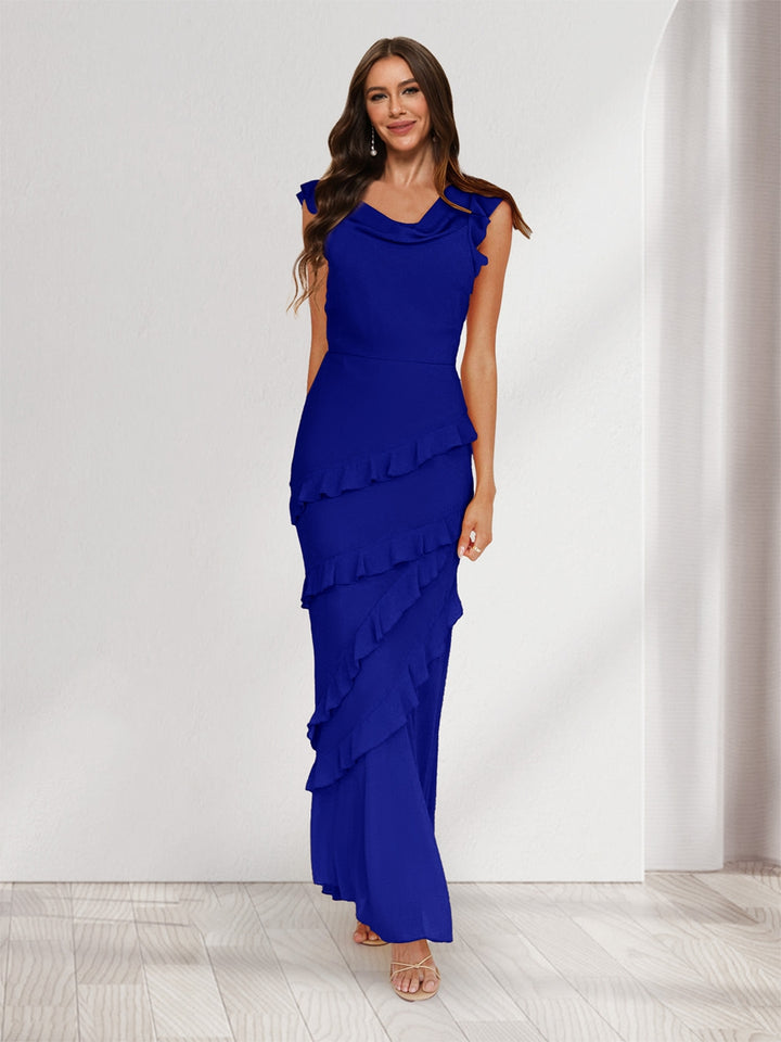 Sheath/Column Cowl Neck Sleeveless Ruffle Maxi Dresses Long Bridesmaid Dresses