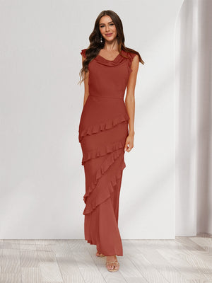 Sheath/Column Cowl Neck Sleeveless Ruffle Maxi Dresses Long Bridesmaid Dresses