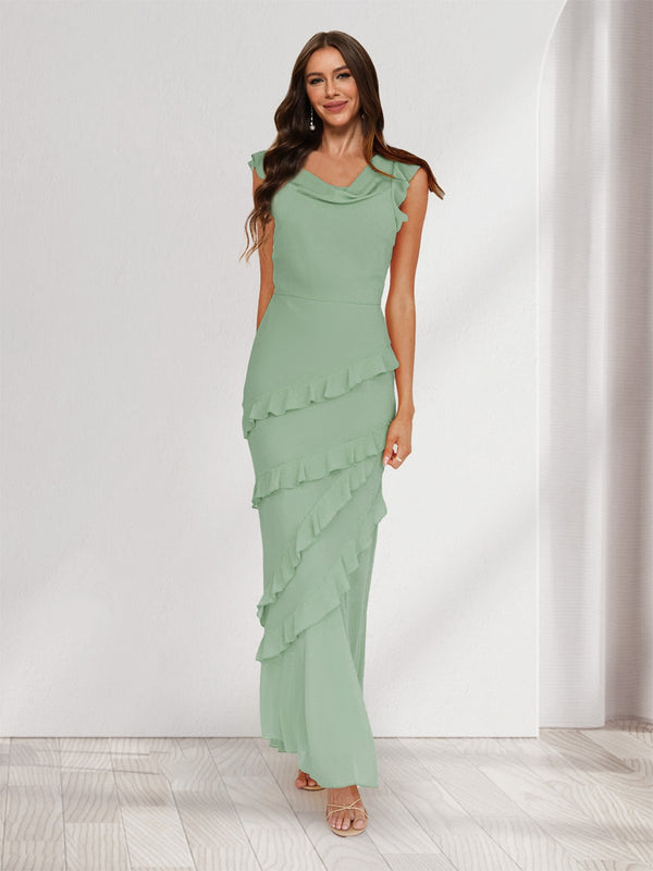 Sheath/Column Cowl Neck Sleeveless Ruffle Maxi Dresses Long Bridesmaid Dresses