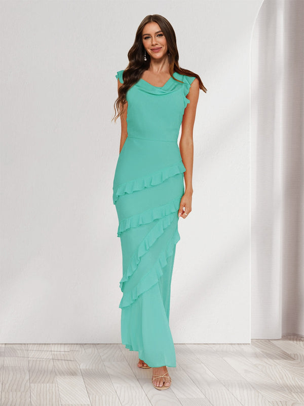 Sheath/Column Cowl Neck Sleeveless Ruffle Maxi Dresses Long Bridesmaid Dresses