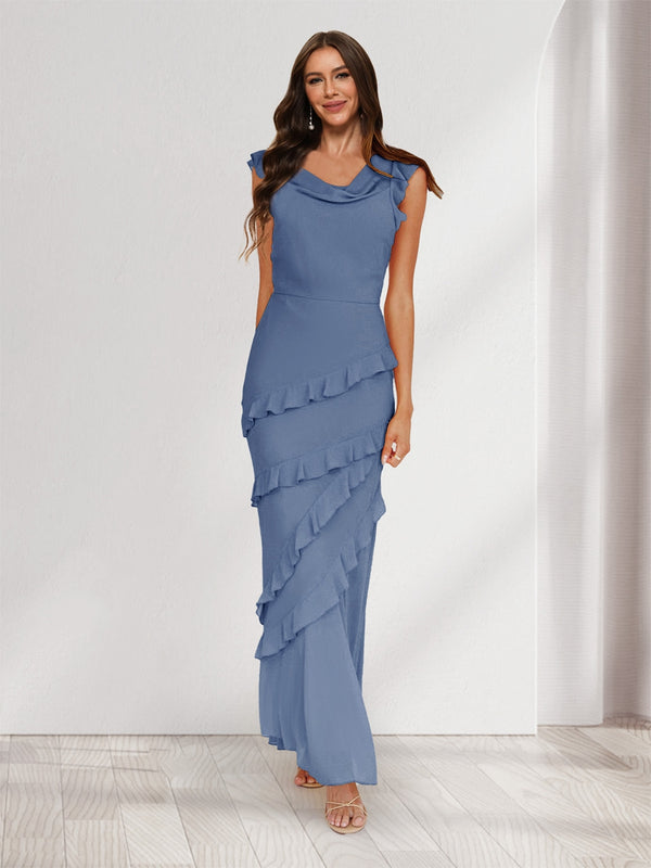 Sheath/Column Cowl Neck Sleeveless Ruffle Maxi Dresses Long Bridesmaid Dresses