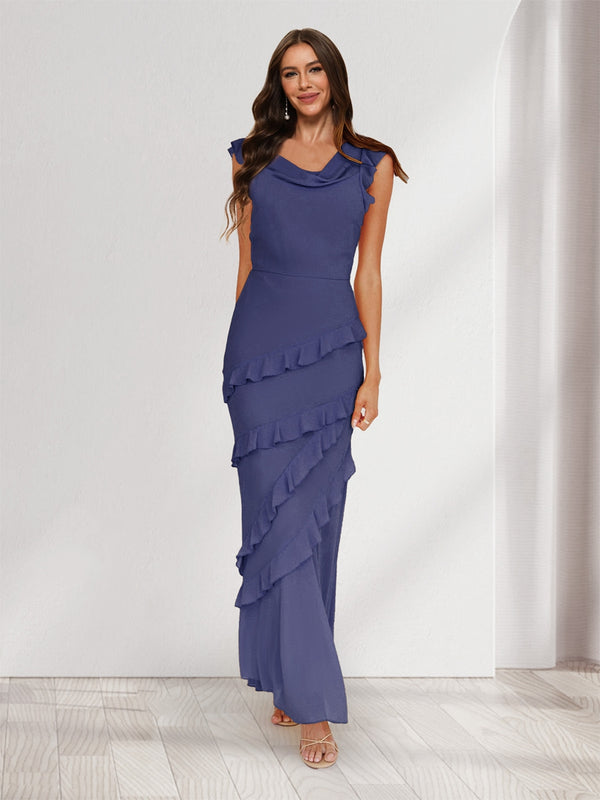 Sheath/Column Cowl Neck Sleeveless Ruffle Maxi Dresses Long Bridesmaid Dresses