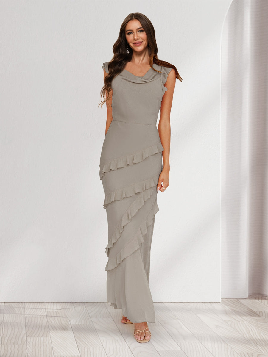 Sheath/Column Cowl Neck Sleeveless Ruffle Maxi Dresses Long Bridesmaid Dresses