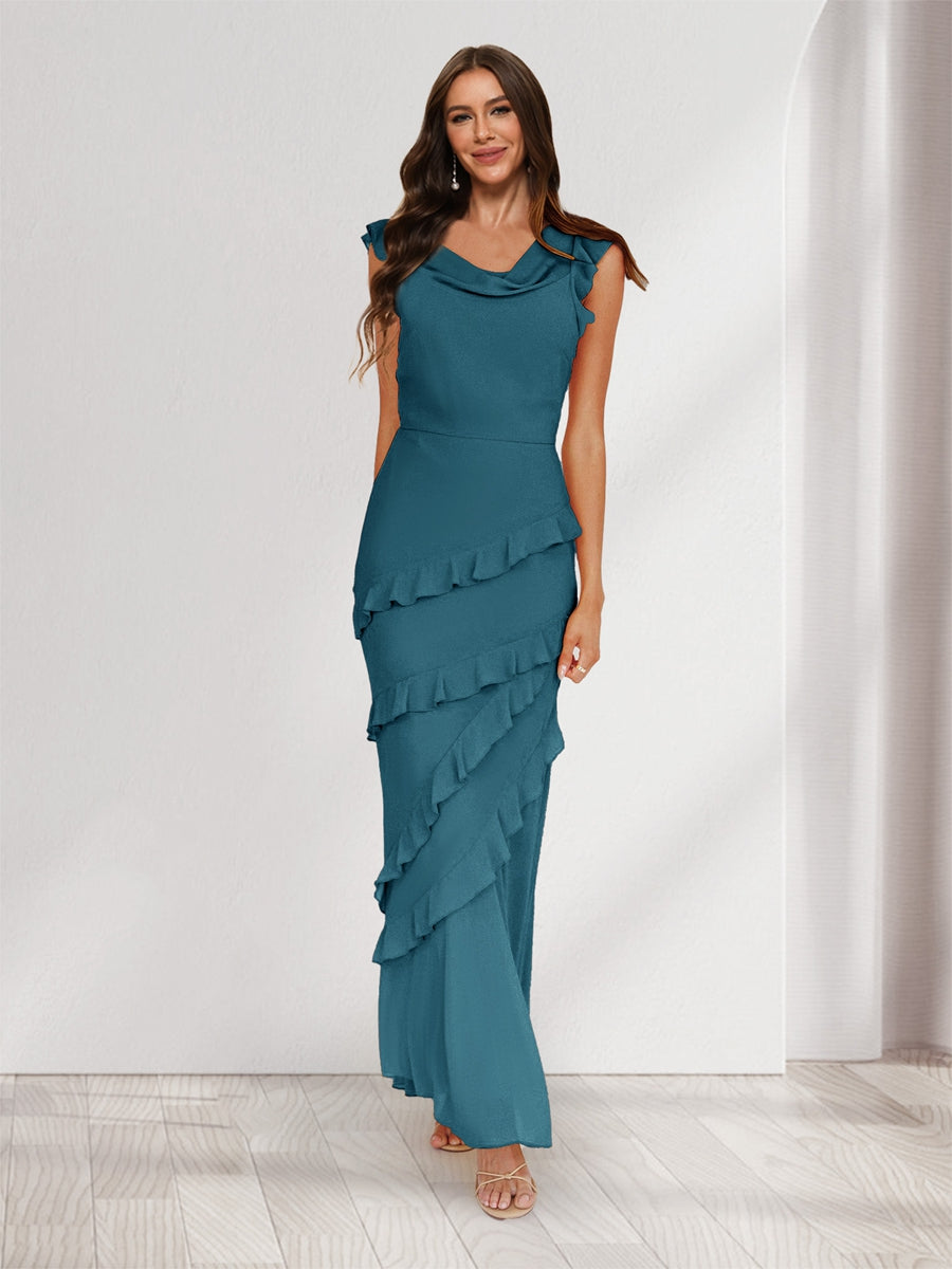 Sheath/Column Cowl Neck Sleeveless Ruffle Maxi Dresses Long Bridesmaid Dresses