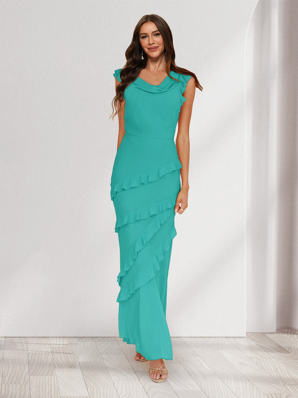 Sheath/Column Cowl Neck Sleeveless Ruffle Maxi Dresses Long Bridesmaid Dresses