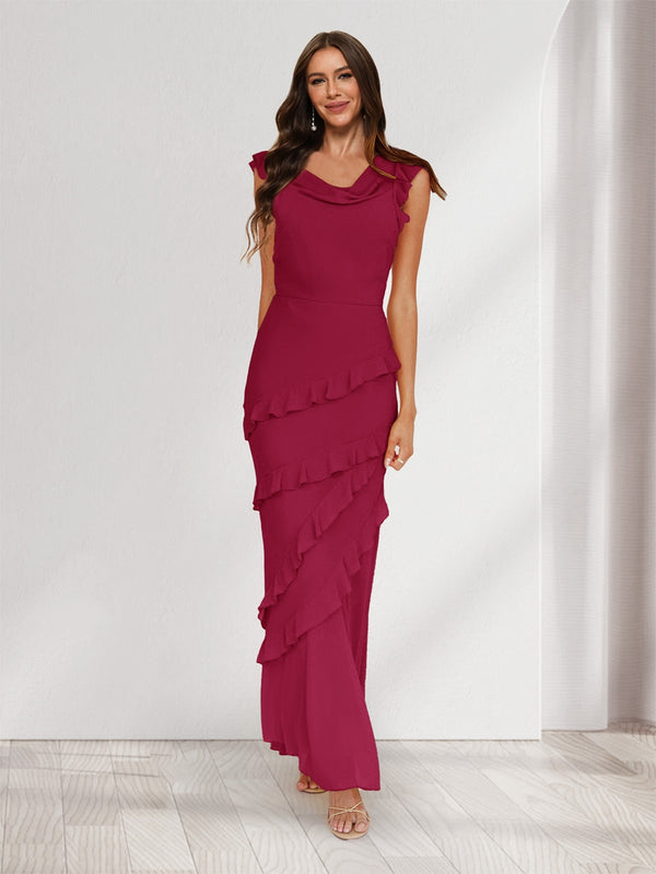 Sheath/Column Cowl Neck Sleeveless Ruffle Maxi Dresses Long Bridesmaid Dresses