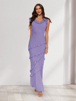 Sheath/Column Cowl Neck Sleeveless Ruffle Maxi Dresses Long Bridesmaid Dresses