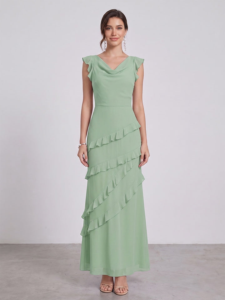 Sheath/Column Cowl Neck Sleeveless Ruffle Floor-Length Maxi Dresses Long Bridesmaid Dresses
