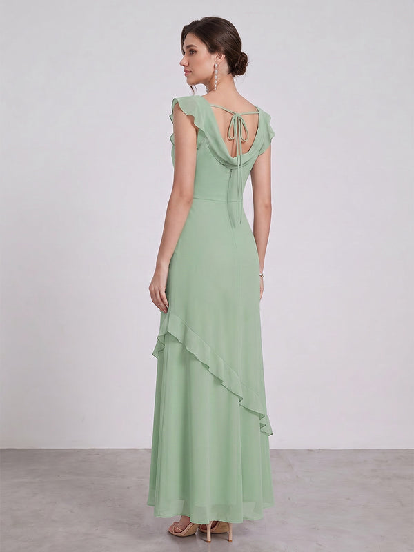 Sheath/Column Cowl Neck Sleeveless Ruffle Floor-Length Maxi Dresses Long Bridesmaid Dresses