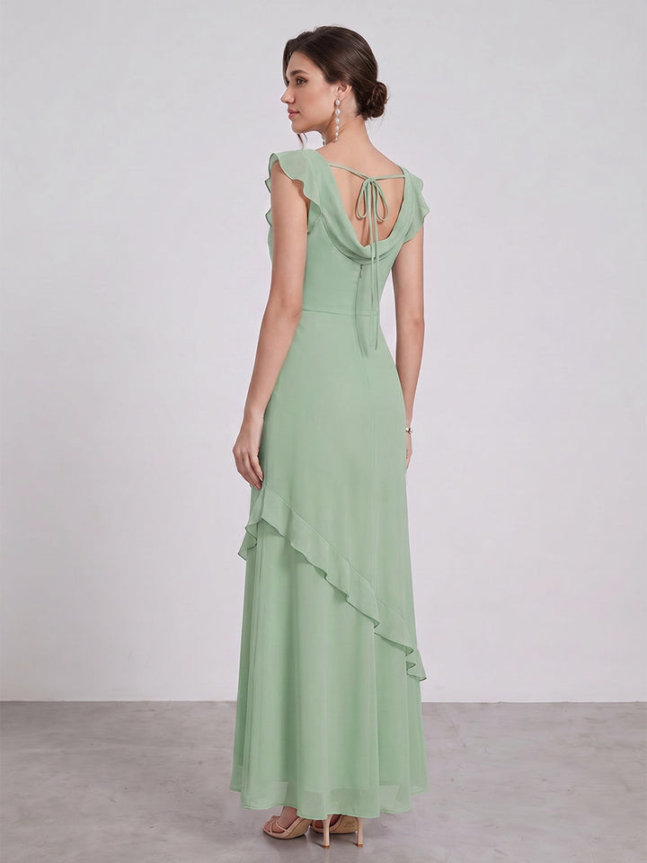 Sheath/Column Cowl Neck Sleeveless Ruffle Floor-Length Maxi Dresses Long Bridesmaid Dresses