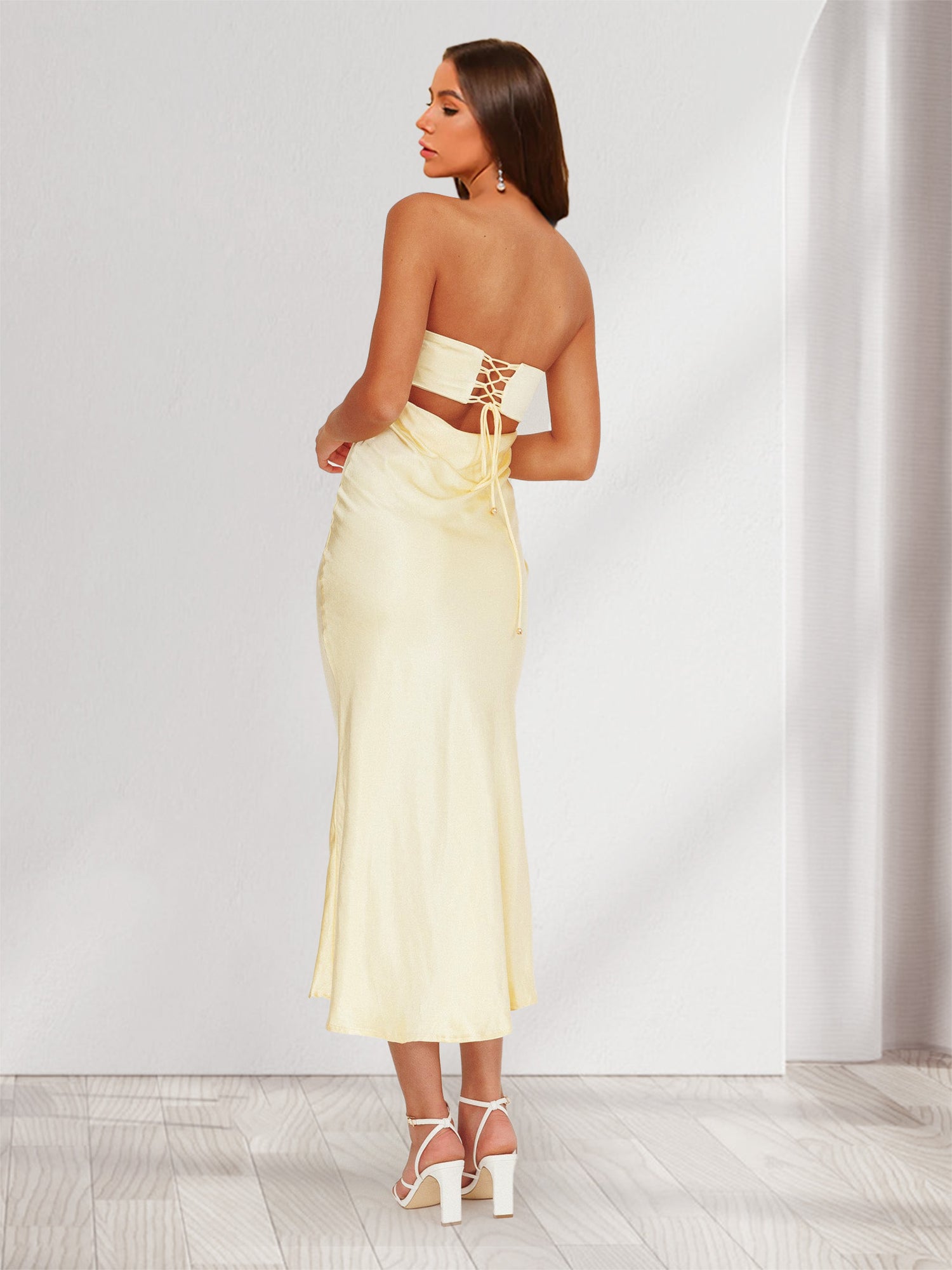 Sheath/Column Strapless Lace Back Sleeveless Maxi Dresses Long Bridesmaid Dresses