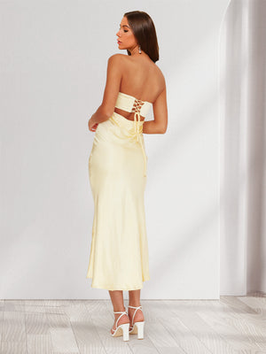 Sheath/Column Strapless Lace Back Sleeveless Maxi Dresses Long Bridesmaid Dresses