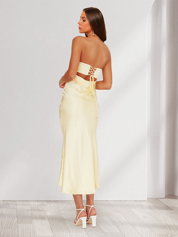 Sheath/Column Strapless Lace Back Sleeveless Maxi Dresses Long Bridesmaid Dresses
